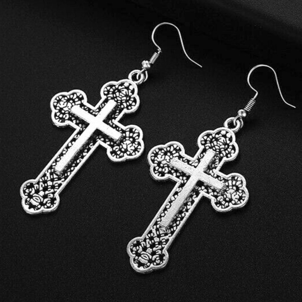 Silver Dangle Cross Filigree Earrings
